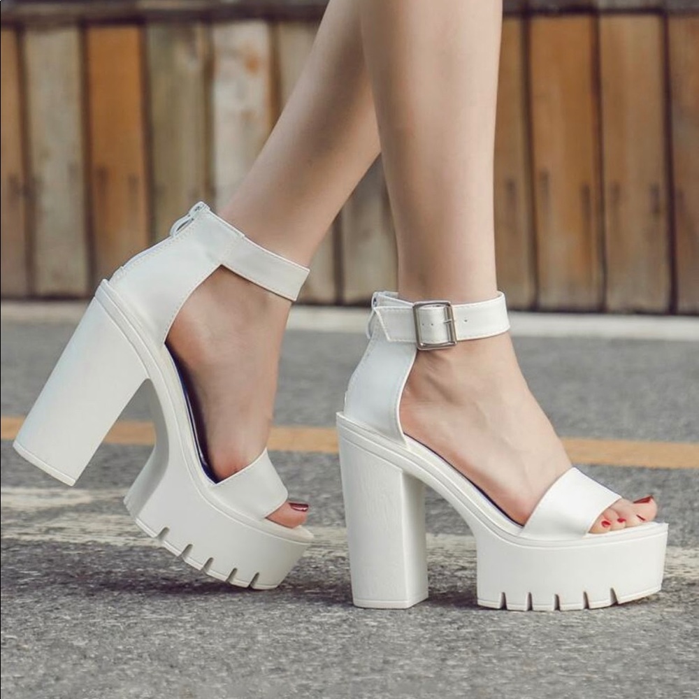 White platform block heels